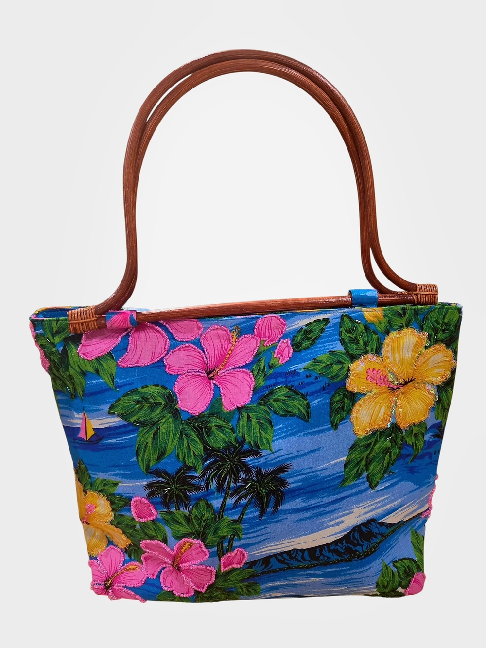 Vintage Tropical Beaded Wood Handle Tote Bag Hawaiian Resort Beach Purse